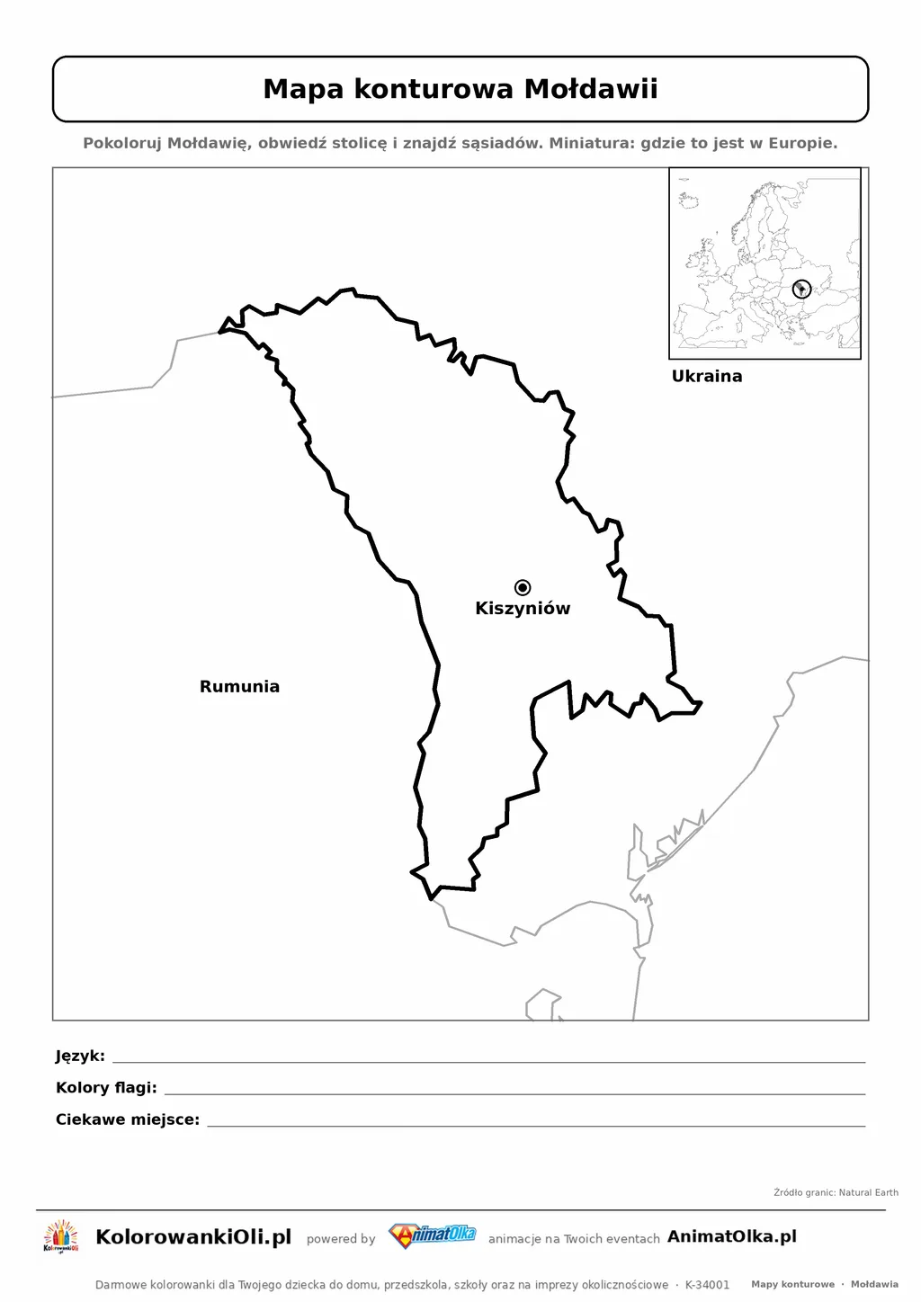 Mapa konturowa Mołdawii ze stolicą Kiszyniów i miniaturą Europy — karta do druku