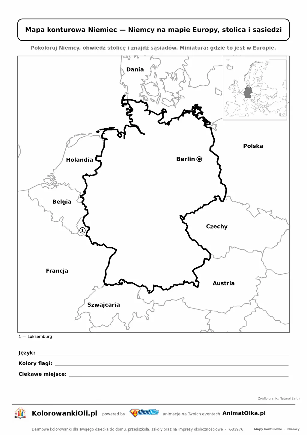 Mapa konturowa Niemiec ze stolicą Berlin i miniaturą Europy — karta do druku