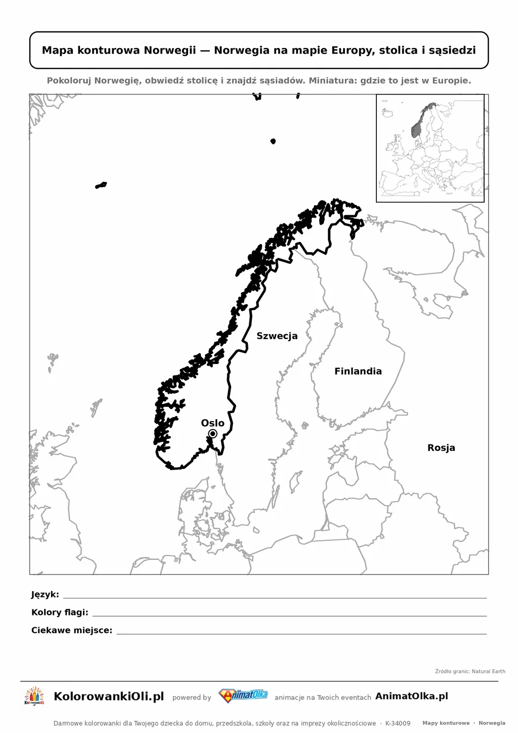 Mapa konturowa Norwegii ze stolicą Oslo i miniaturą Europy — karta do druku
