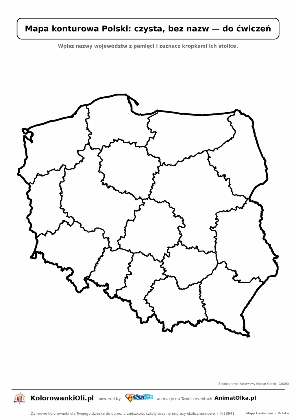 Czysta mapa konturowa Polski bez nazw — 16 województw do podpisania, klasy 4–6