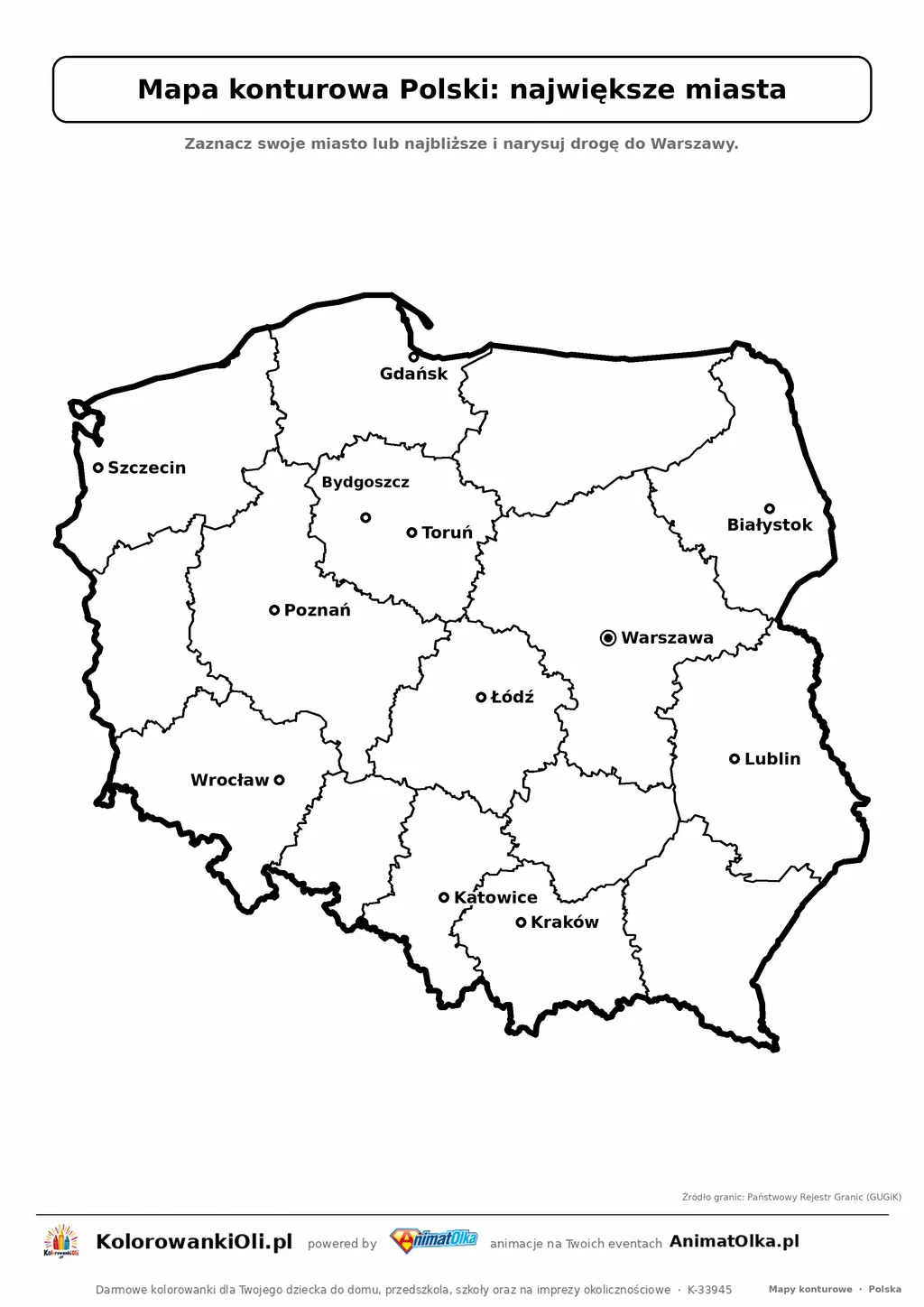 Mapa konturowa Polski z 12 największymi miastami do druku — karta pracy dla klas 2–4