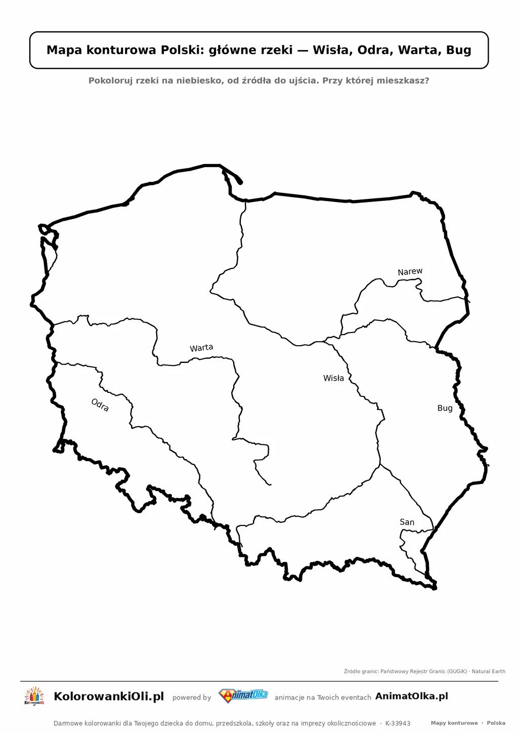 Mapa konturowa Polski z głównymi rzekami: Wisła, Odra, Warta, Bug, Narew, San — do druku