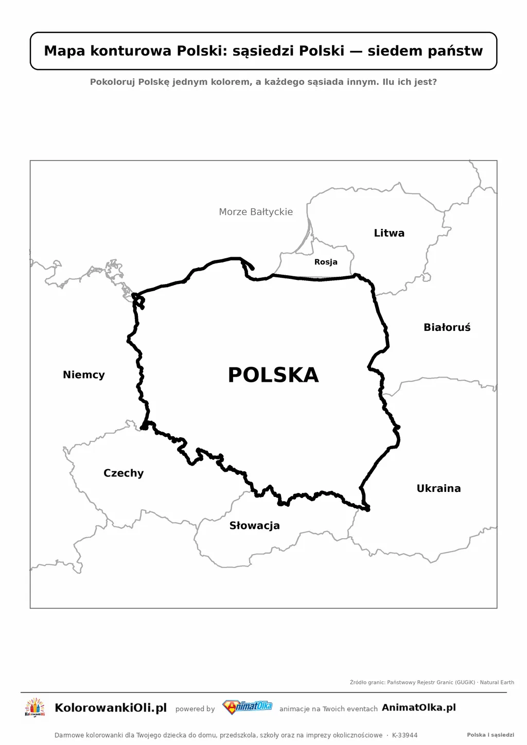 Mapa konturowa Polski z siedmioma sąsiadami: Niemcy, Czechy, Słowacja, Ukraina, Białoruś, Litwa, Rosja