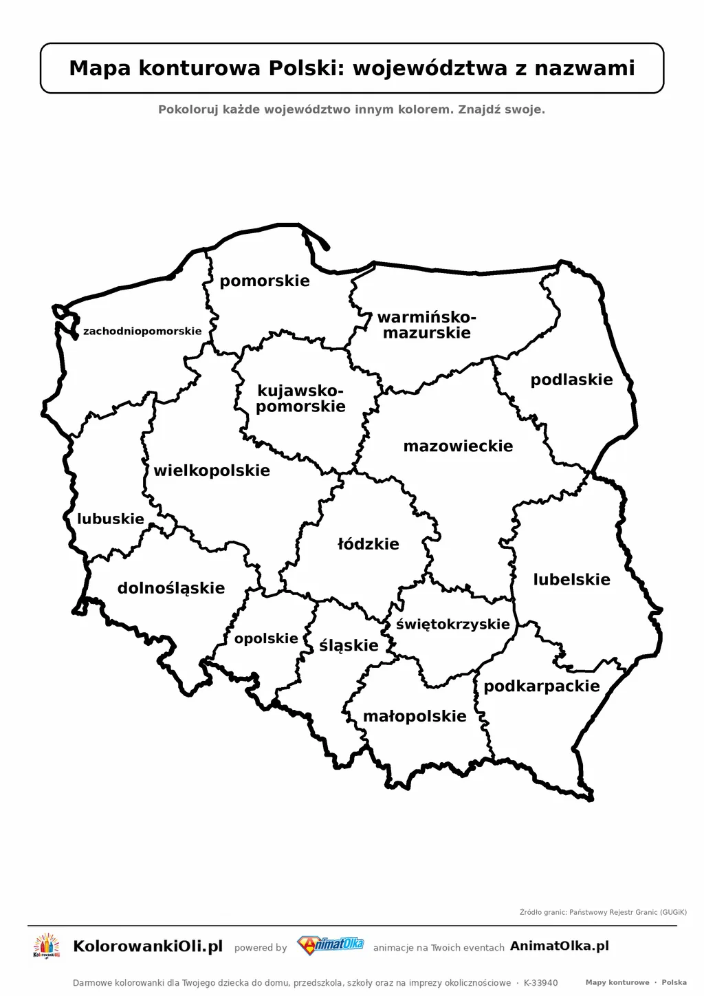Mapa konturowa Polski z 16 województwami i nazwami — karta pracy do druku dla klas 1–3