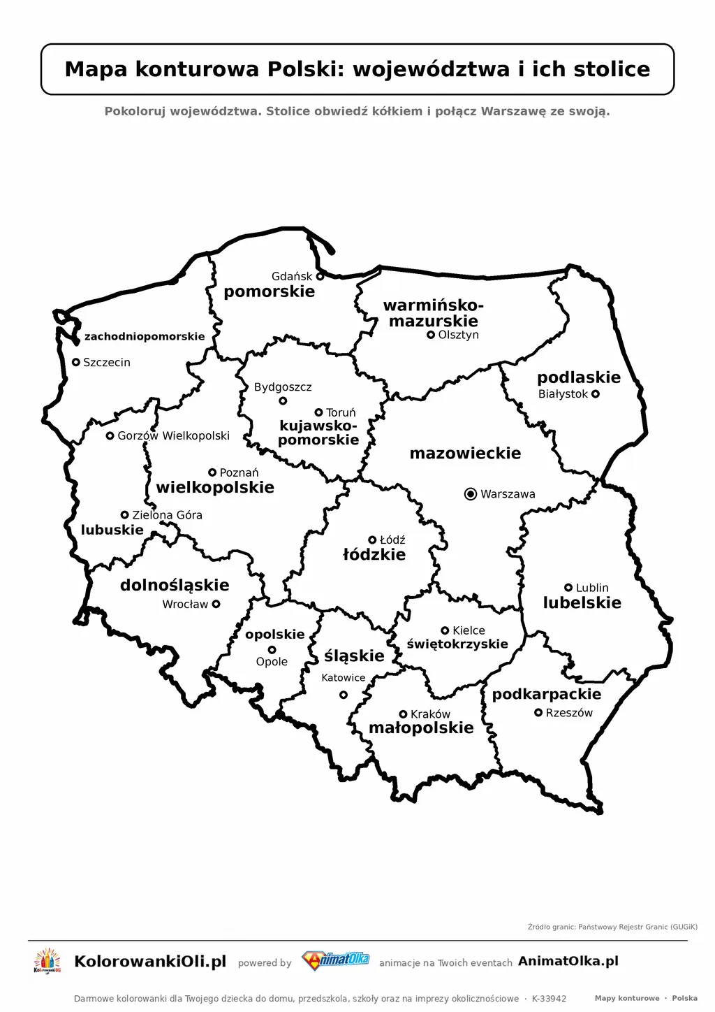 Mapa konturowa Polski z województwami i 18 stolicami wojewódzkimi — karta do druku dla klas 2–4