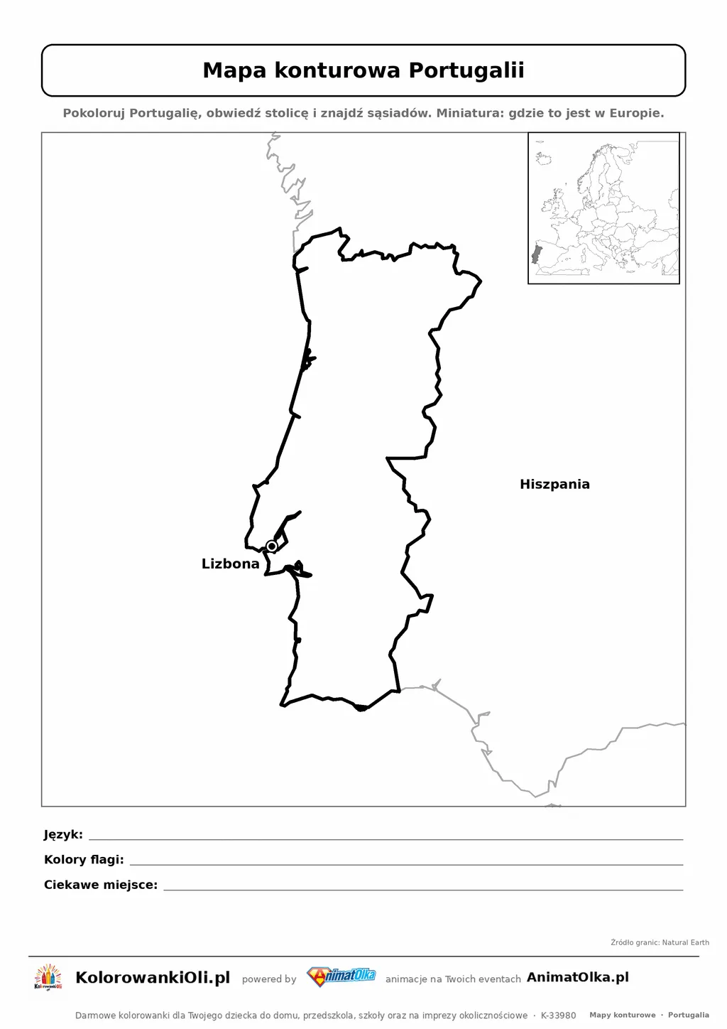 Mapa konturowa Portugalii ze stolicą Lizbona i miniaturą Europy — karta do druku