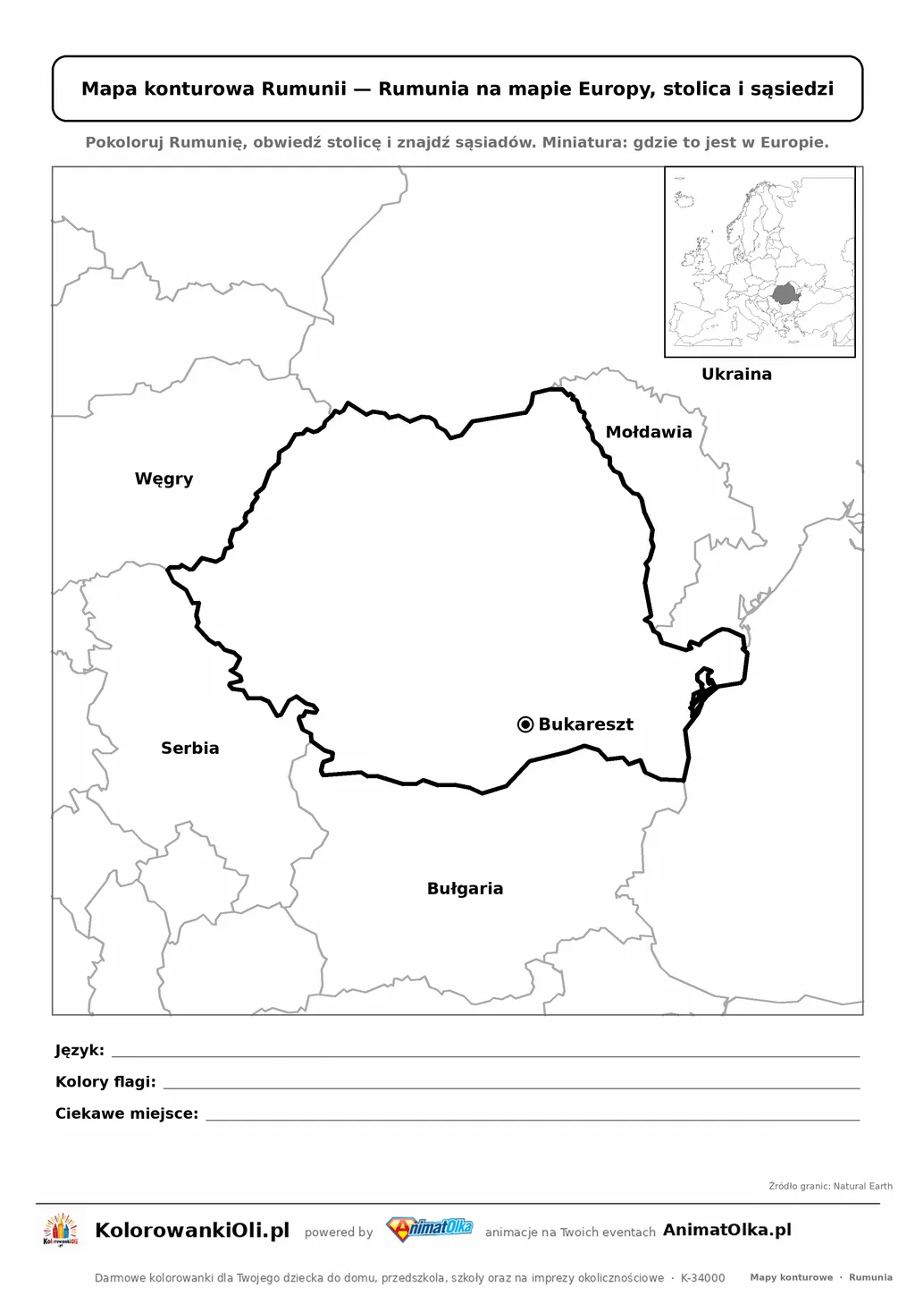 Mapa konturowa Rumunii ze stolicą Bukareszt i miniaturą Europy — karta do druku