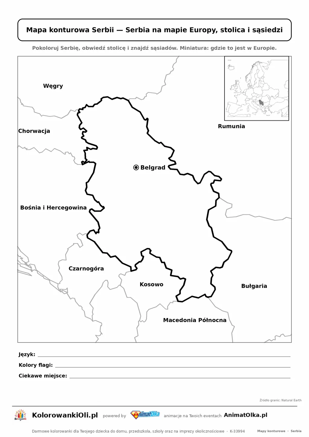 Mapa konturowa Serbii ze stolicą Belgrad i miniaturą Europy — karta do druku