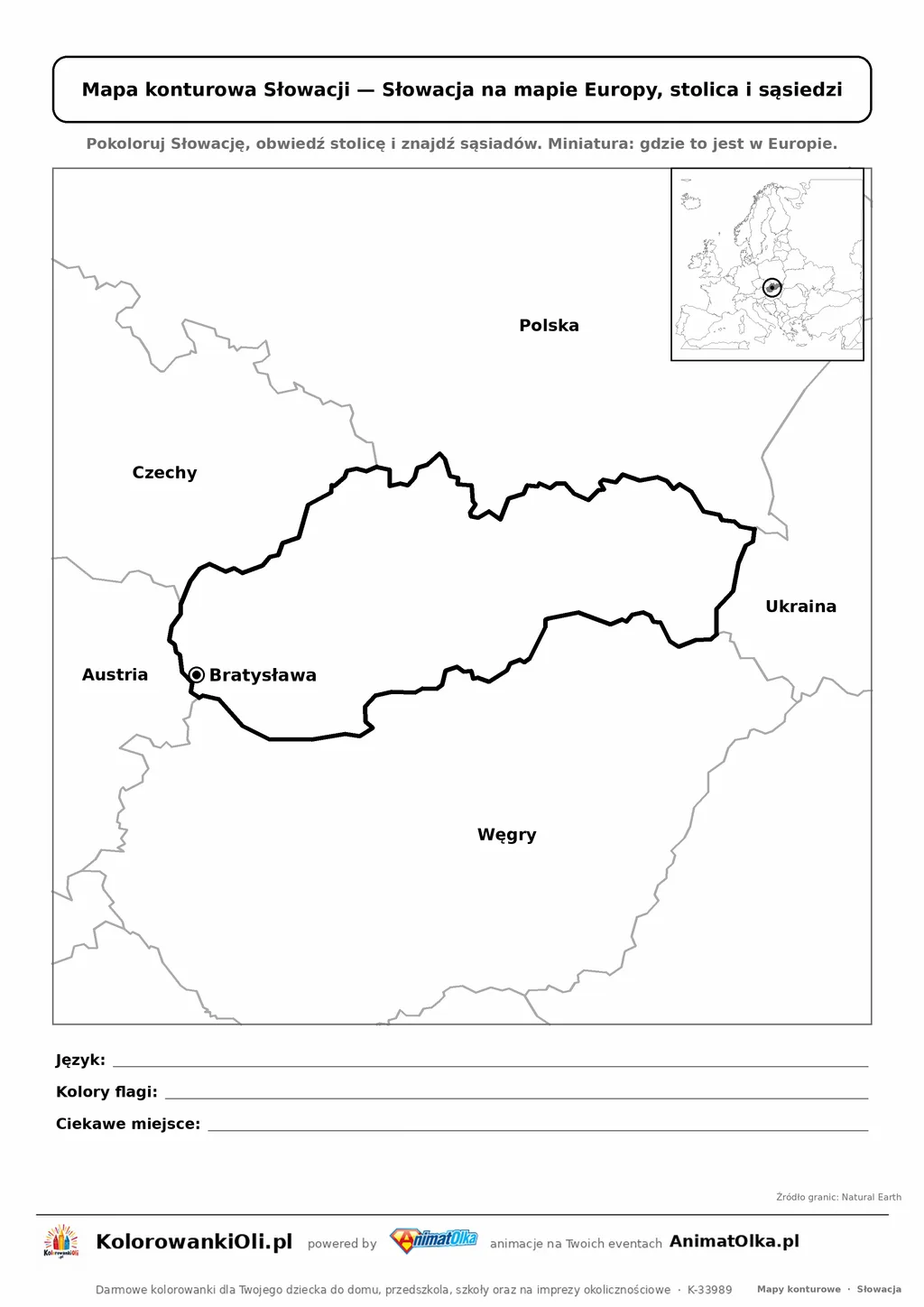 Mapa konturowa Słowacji ze stolicą Bratysława i miniaturą Europy — karta do druku