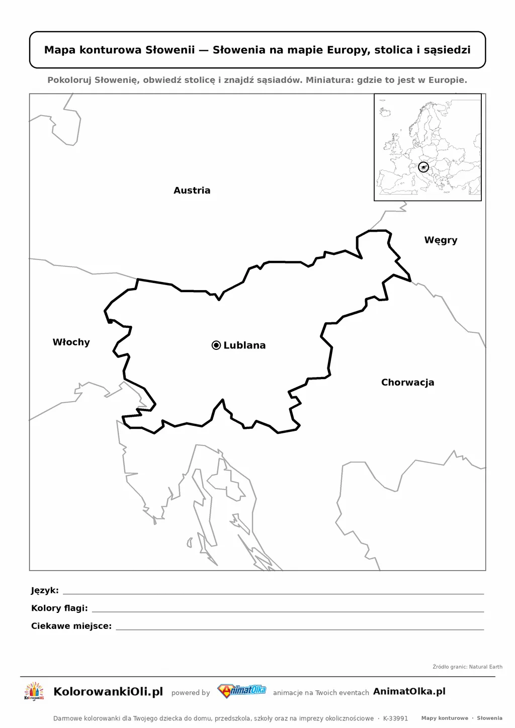 Mapa konturowa Słowenii ze stolicą Lublana i miniaturą Europy — karta do druku