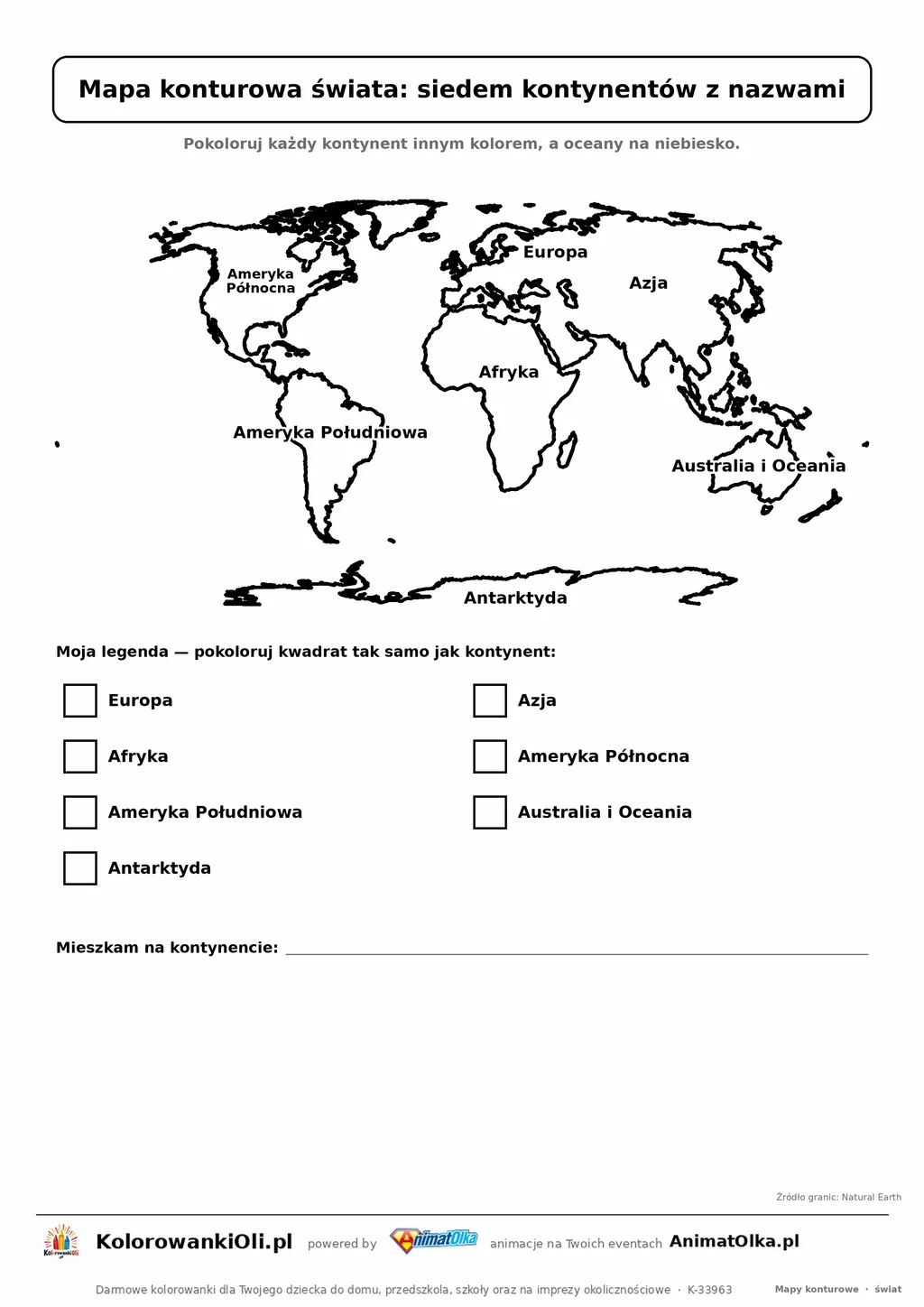 Mapa konturowa świata z siedmioma kontynentami i nazwami — do druku dla klas 1–3