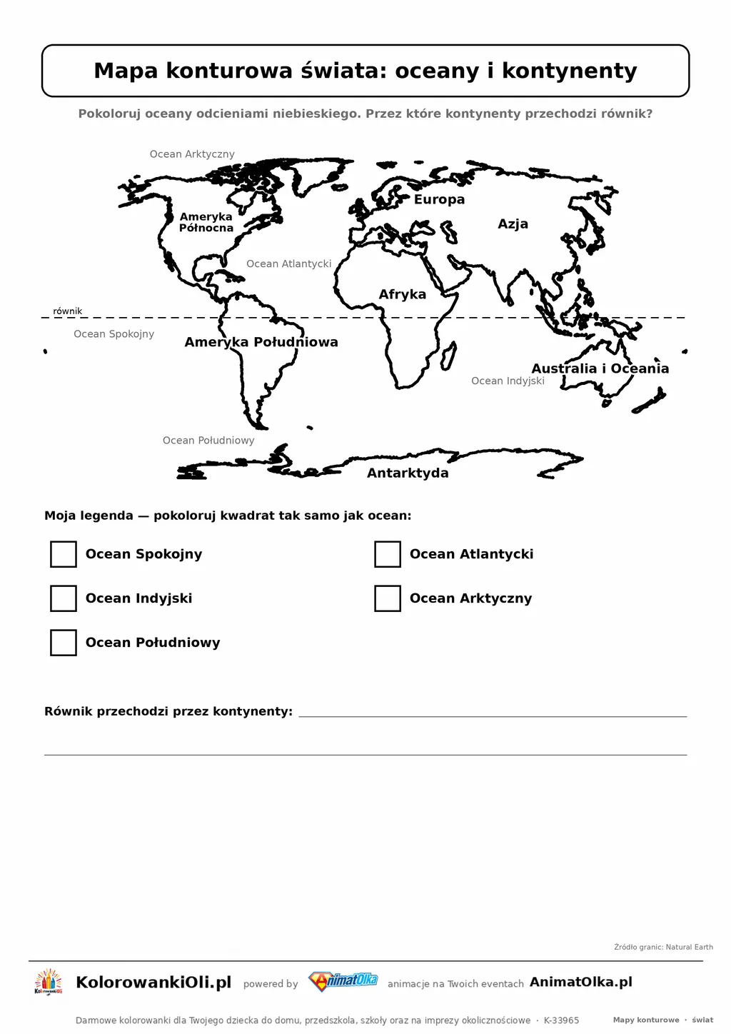 Mapa konturowa świata z oceanami, kontynentami i równikiem — karta do druku dla klas 2–4