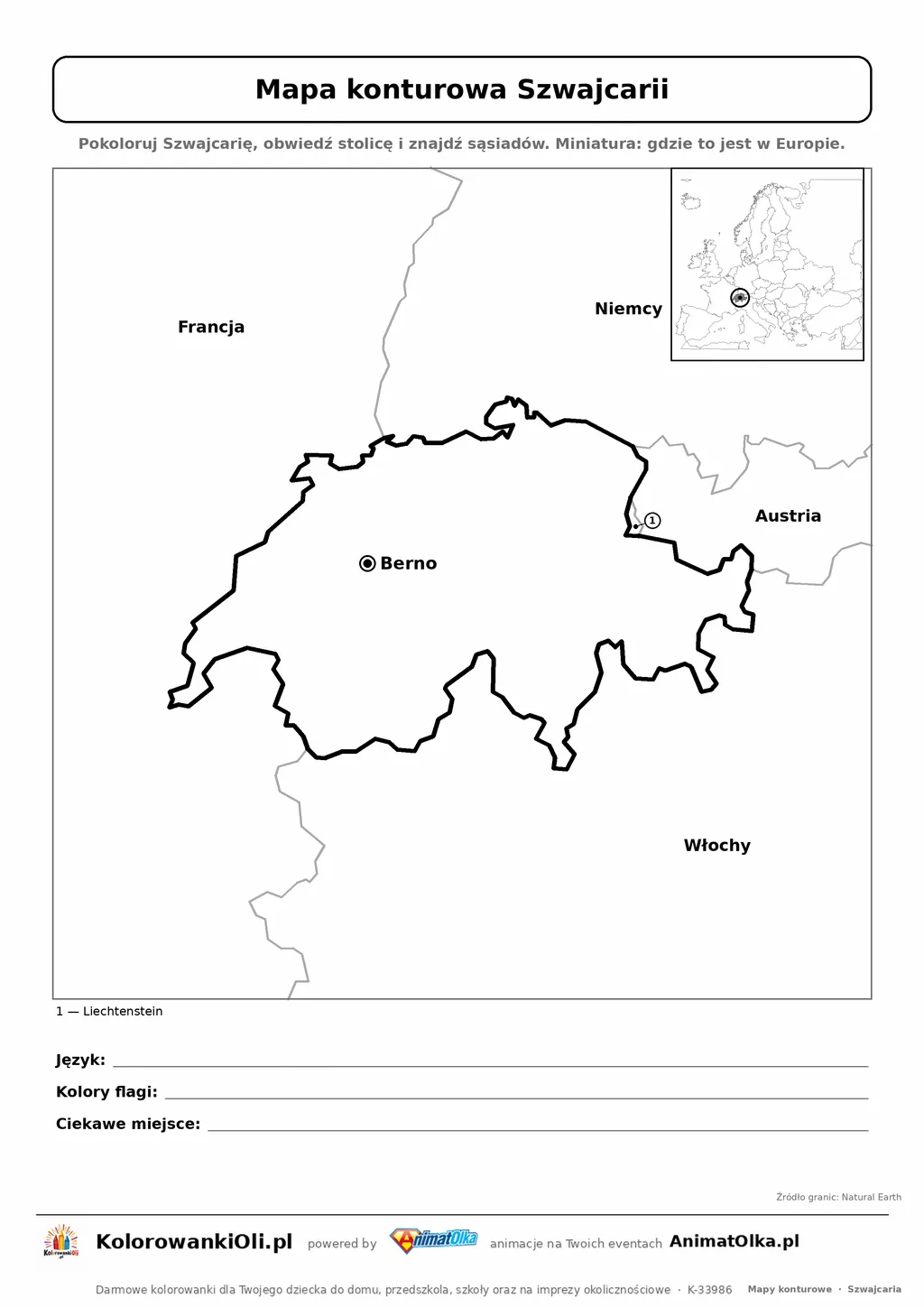 Mapa konturowa Szwajcarii ze stolicą Berno i miniaturą Europy — karta do druku