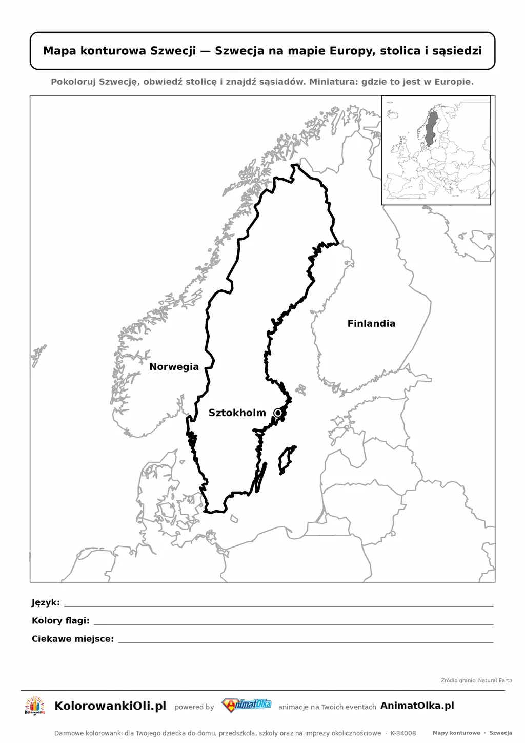 Mapa konturowa Szwecji ze stolicą Sztokholm i miniaturą Europy — karta do druku