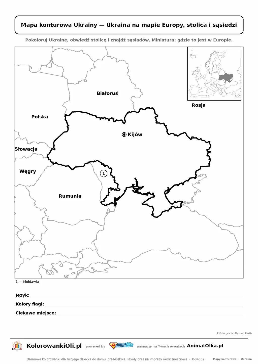 Mapa konturowa Ukrainy ze stolicą Kijów i miniaturą Europy — karta do druku