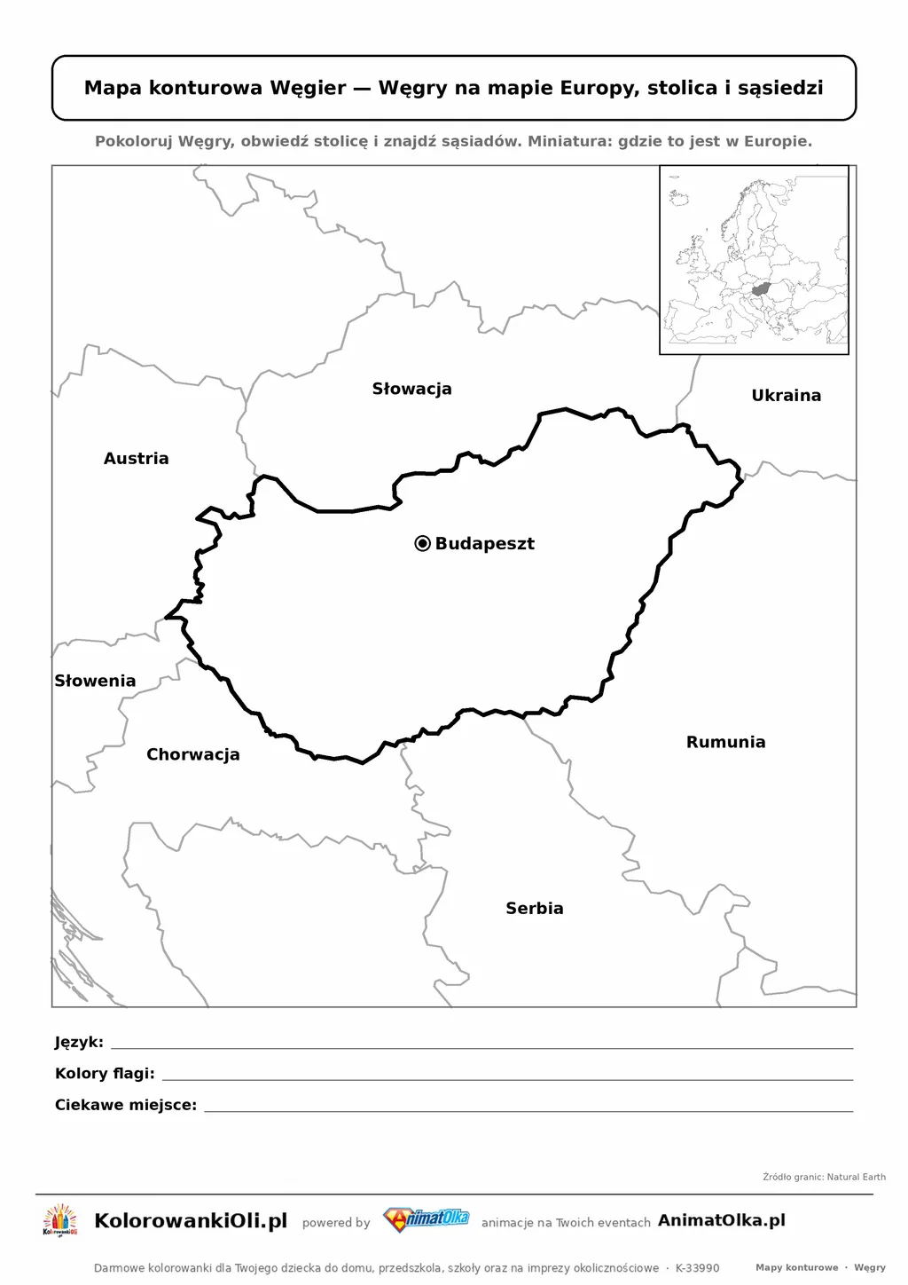 Mapa konturowa Węgier ze stolicą Budapeszt i miniaturą Europy — karta do druku