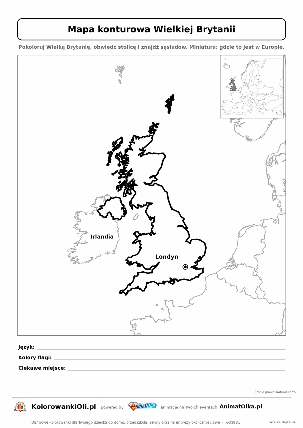 Mapa konturowa Wielkiej Brytanii ze stolicą Londyn i miniaturą Europy — karta do druku