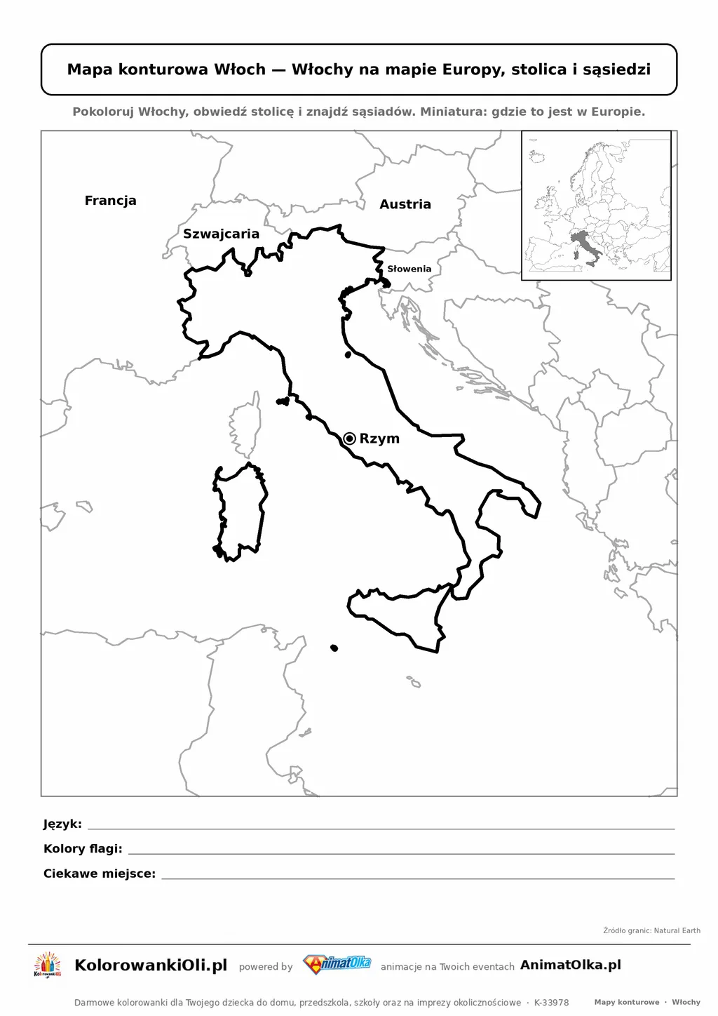 Mapa konturowa Włoch ze stolicą Rzym i miniaturą Europy — karta do druku