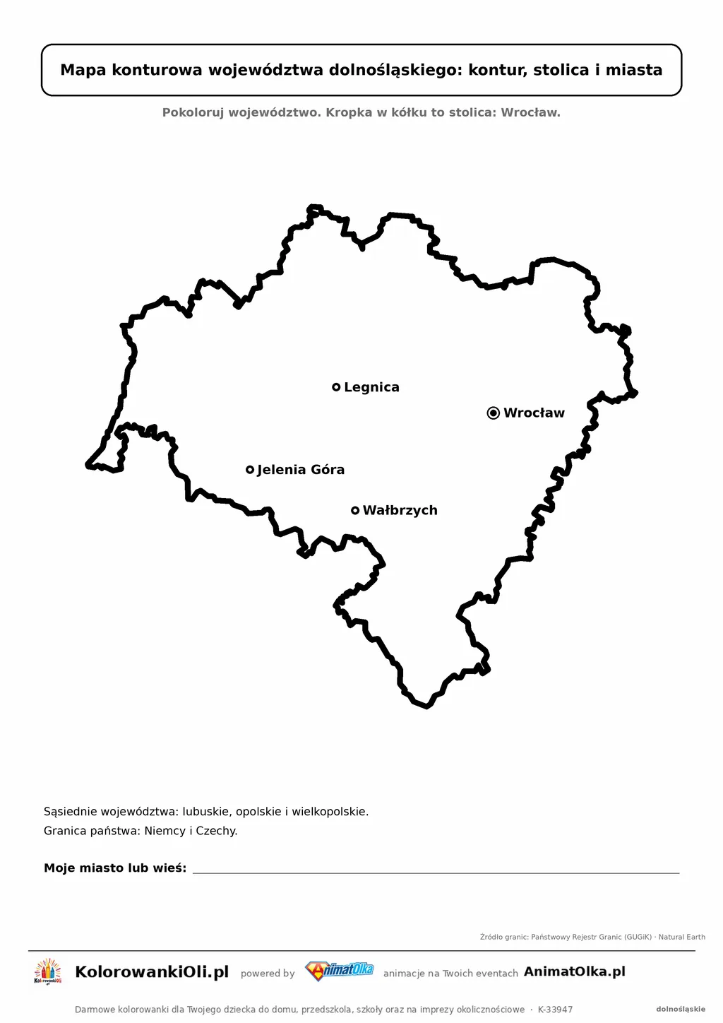 Prosta mapa konturowa województwa dolnośląskiego ze stolicą i miastami — dla zerówki i klasy 1