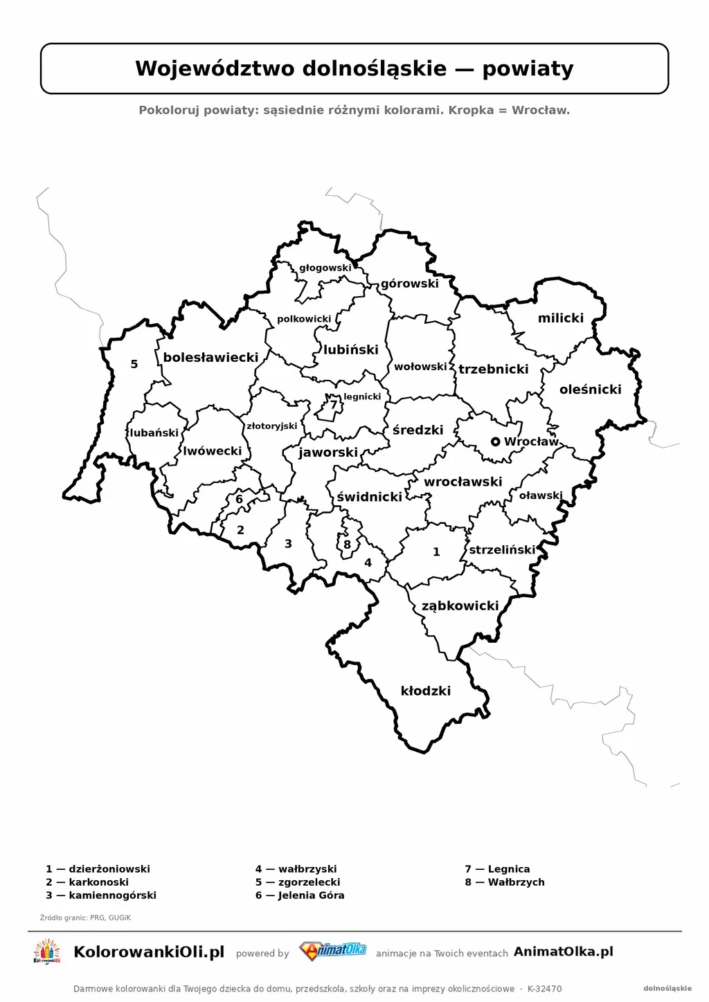Mapa konturowa województwa dolnośląskiego z powiatami do pokolorowania — karta pracy A4, klasy 4–6