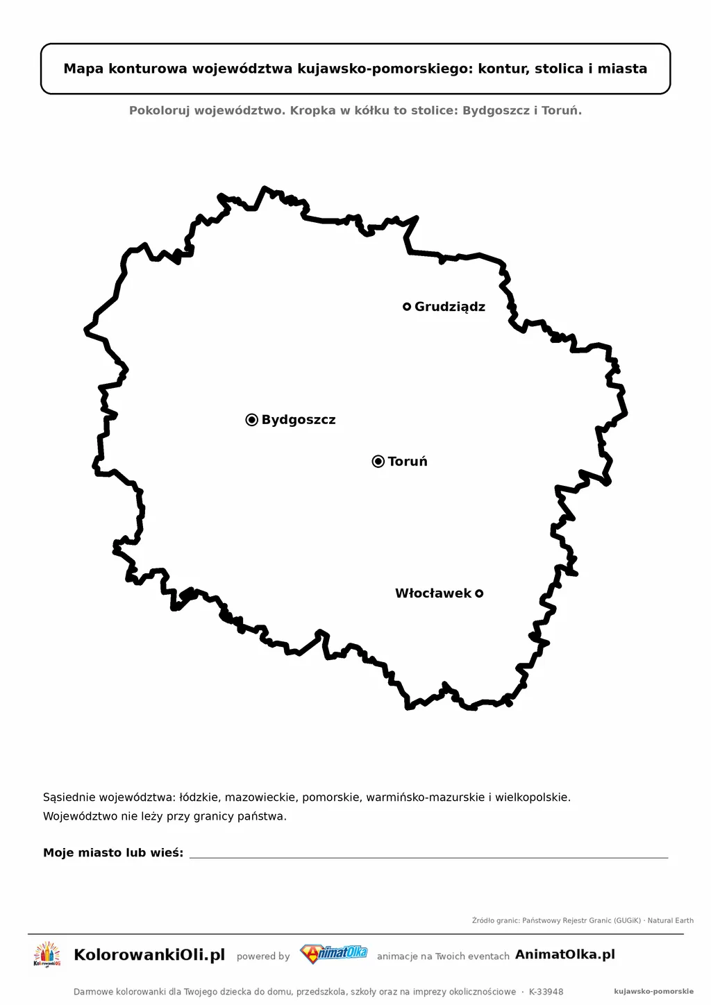 Prosta mapa konturowa województwa kujawsko-pomorskiego ze stolicą i miastami — dla zerówki i klasy 1