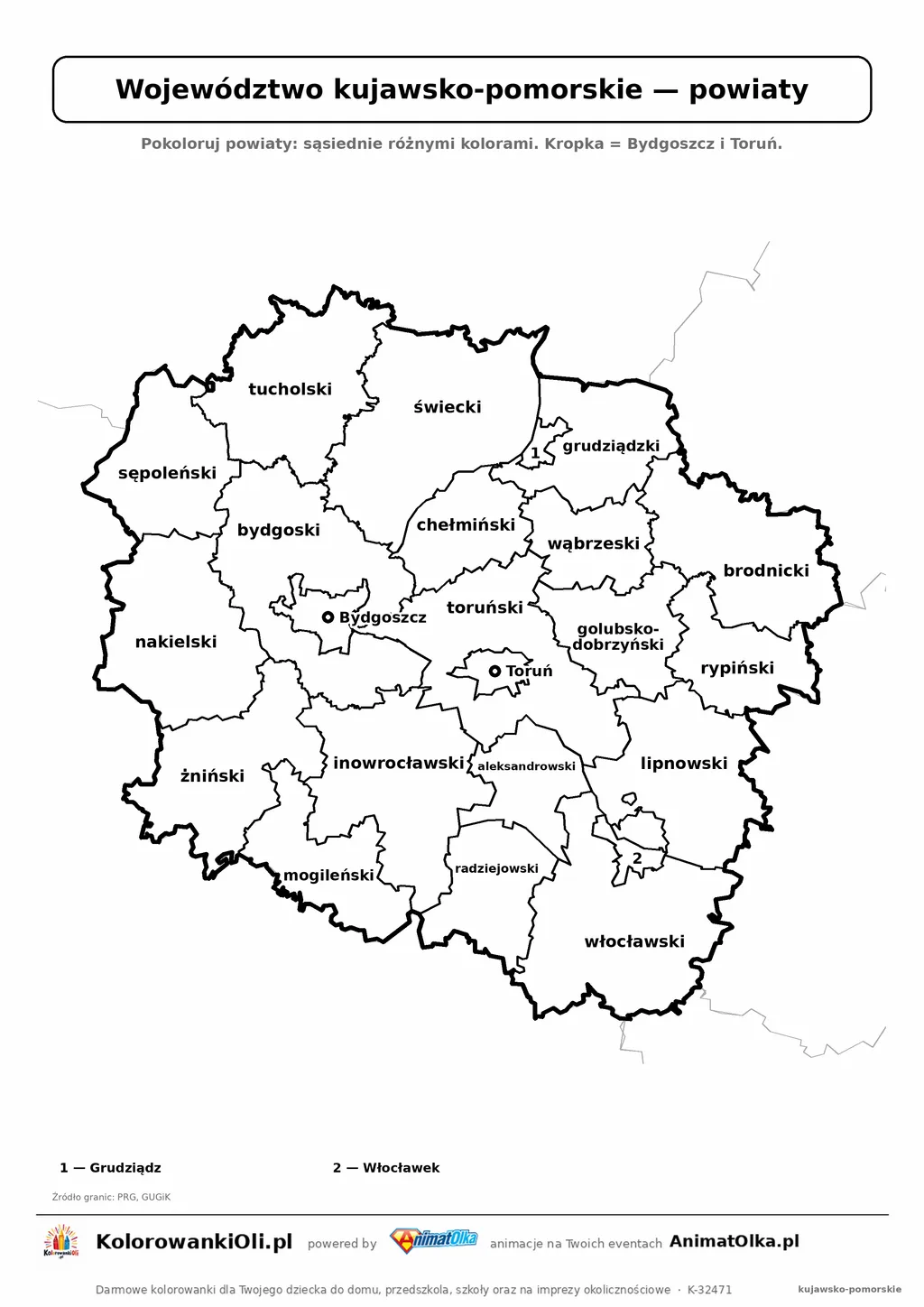 Mapa konturowa województwa kujawsko-pomorskiego z powiatami do pokolorowania — karta pracy A4, klasy 4–6