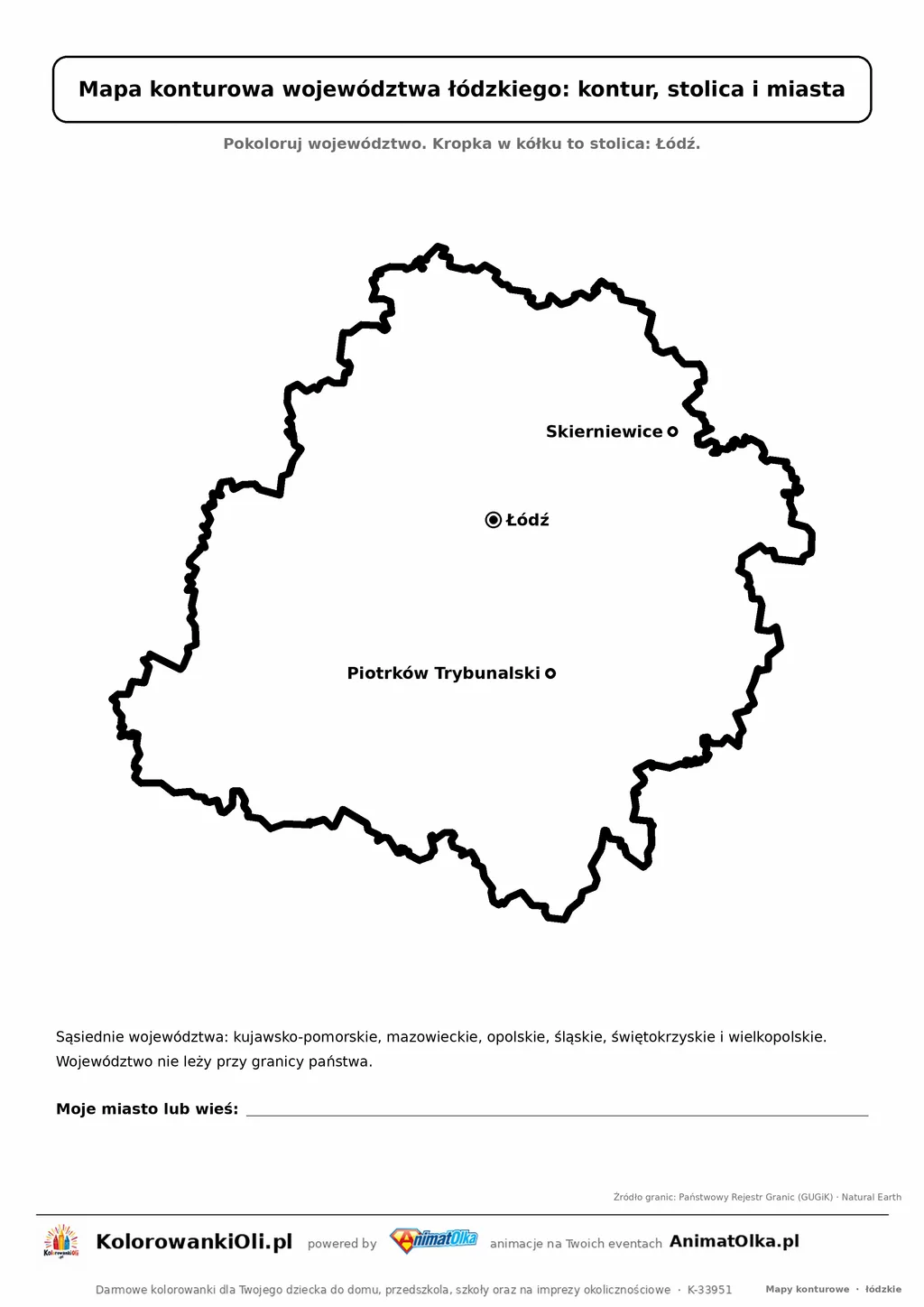 Prosta mapa konturowa województwa łódzkiego ze stolicą i miastami — dla zerówki i klasy 1