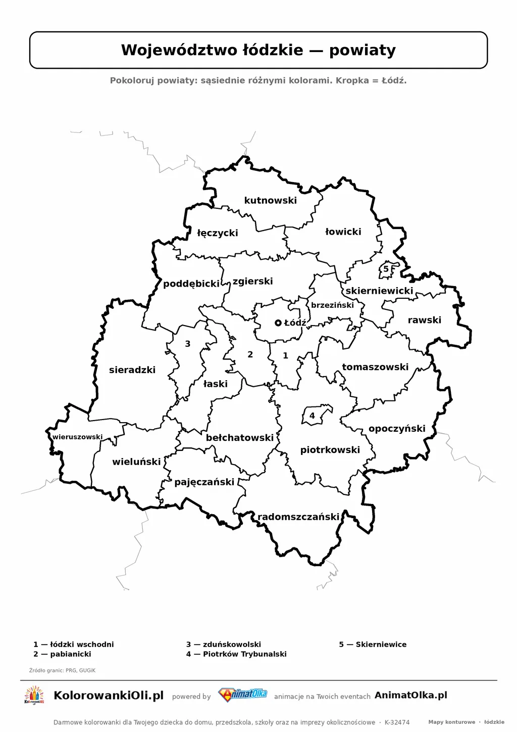 Mapa konturowa województwa łódzkiego z powiatami do pokolorowania — karta pracy A4, klasy 4–6