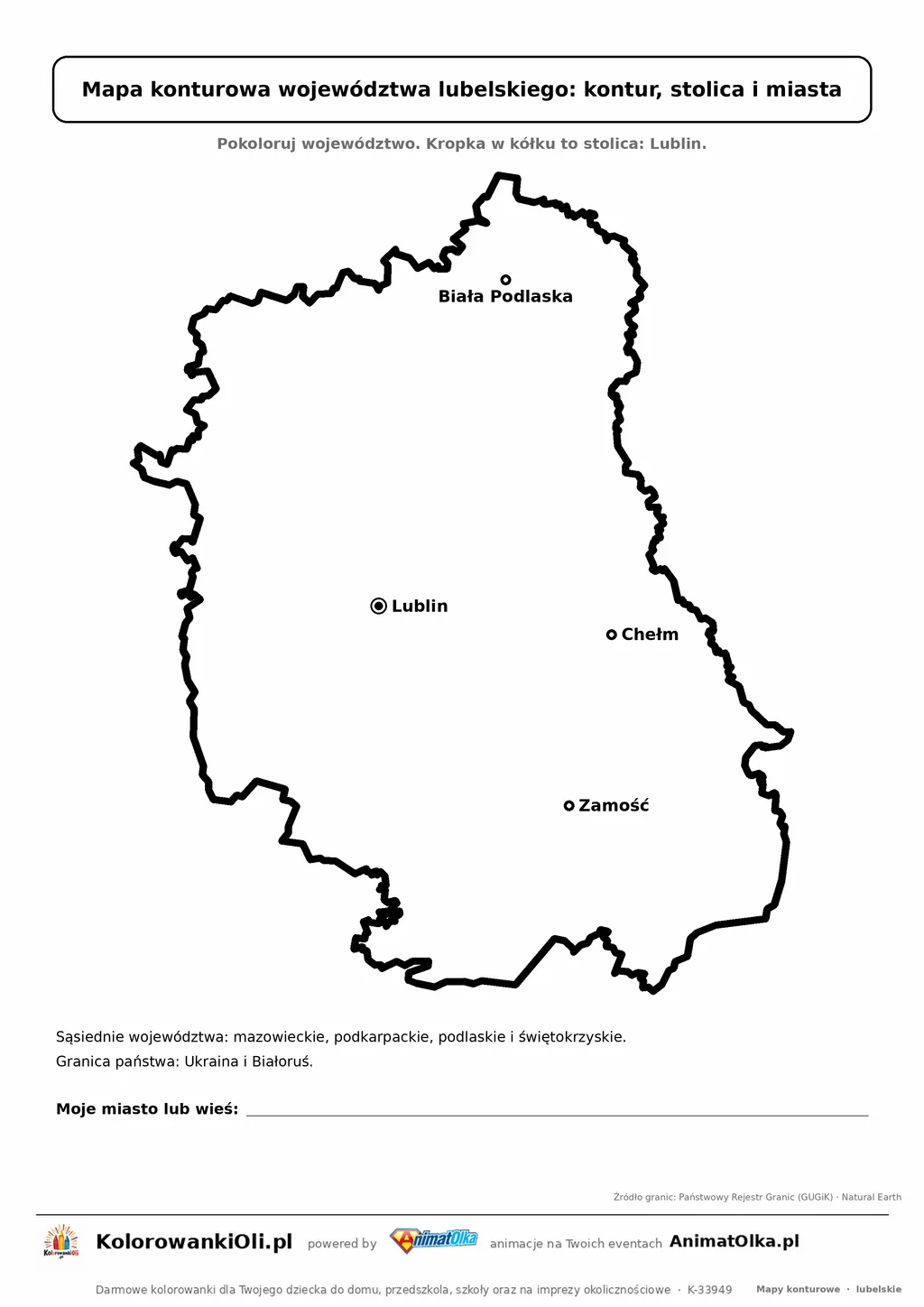 Prosta mapa konturowa województwa lubelskiego ze stolicą i miastami — dla zerówki i klasy 1