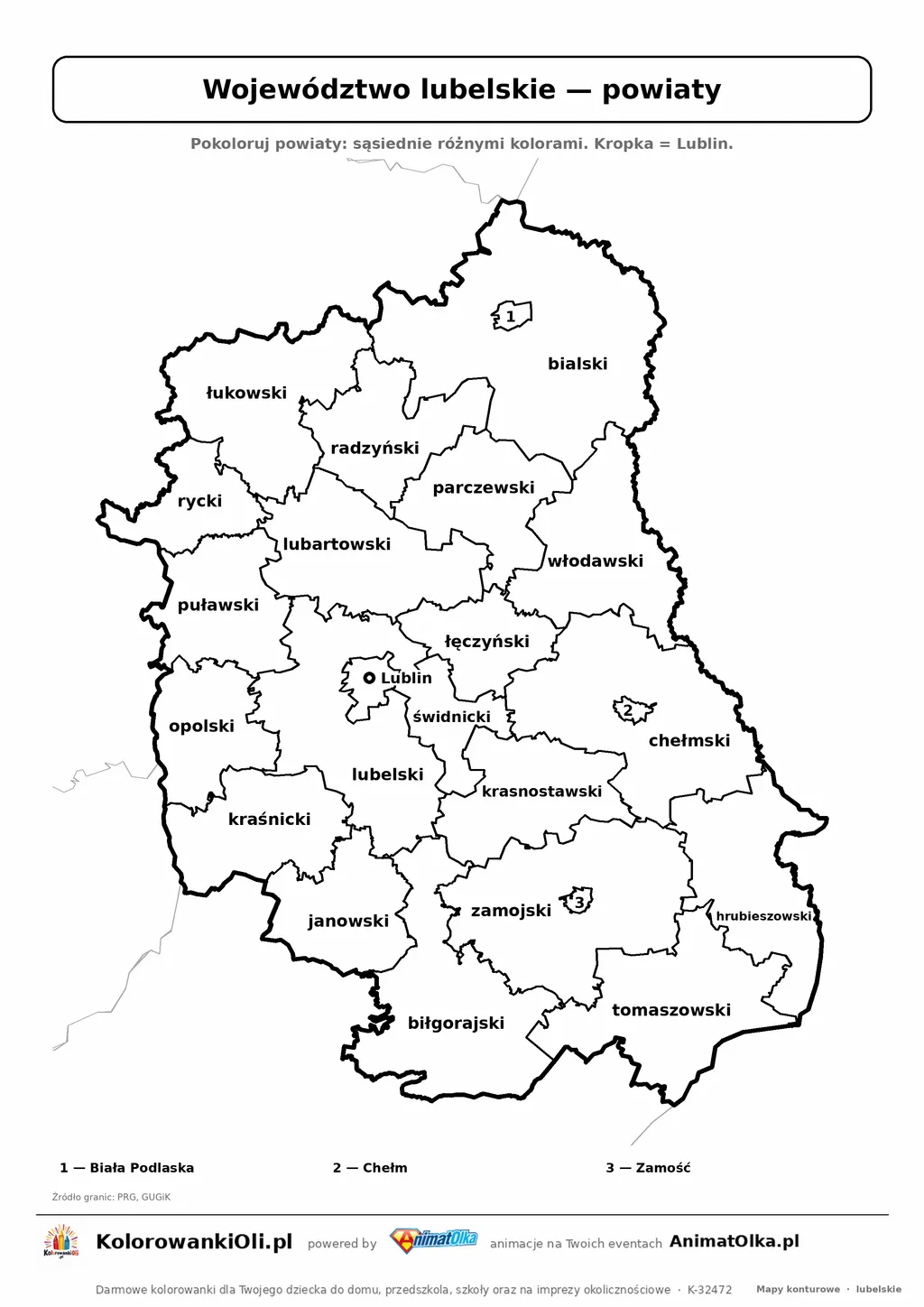 Mapa konturowa województwa lubelskiego z powiatami do pokolorowania — karta pracy A4, klasy 4–6