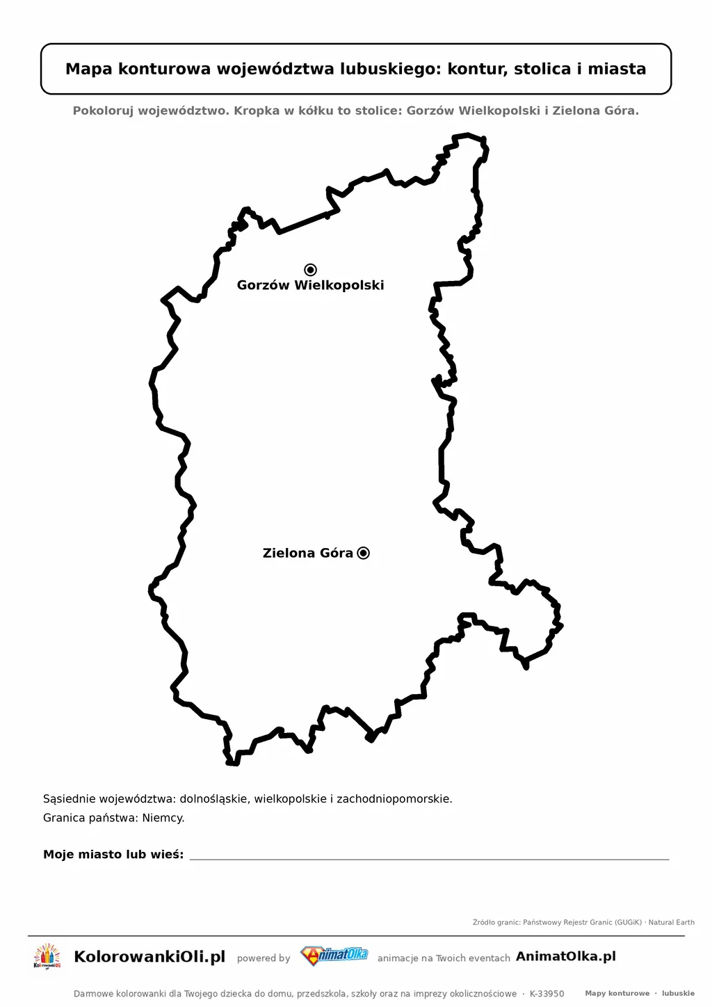 Prosta mapa konturowa województwa lubuskiego ze stolicą i miastami — dla zerówki i klasy 1