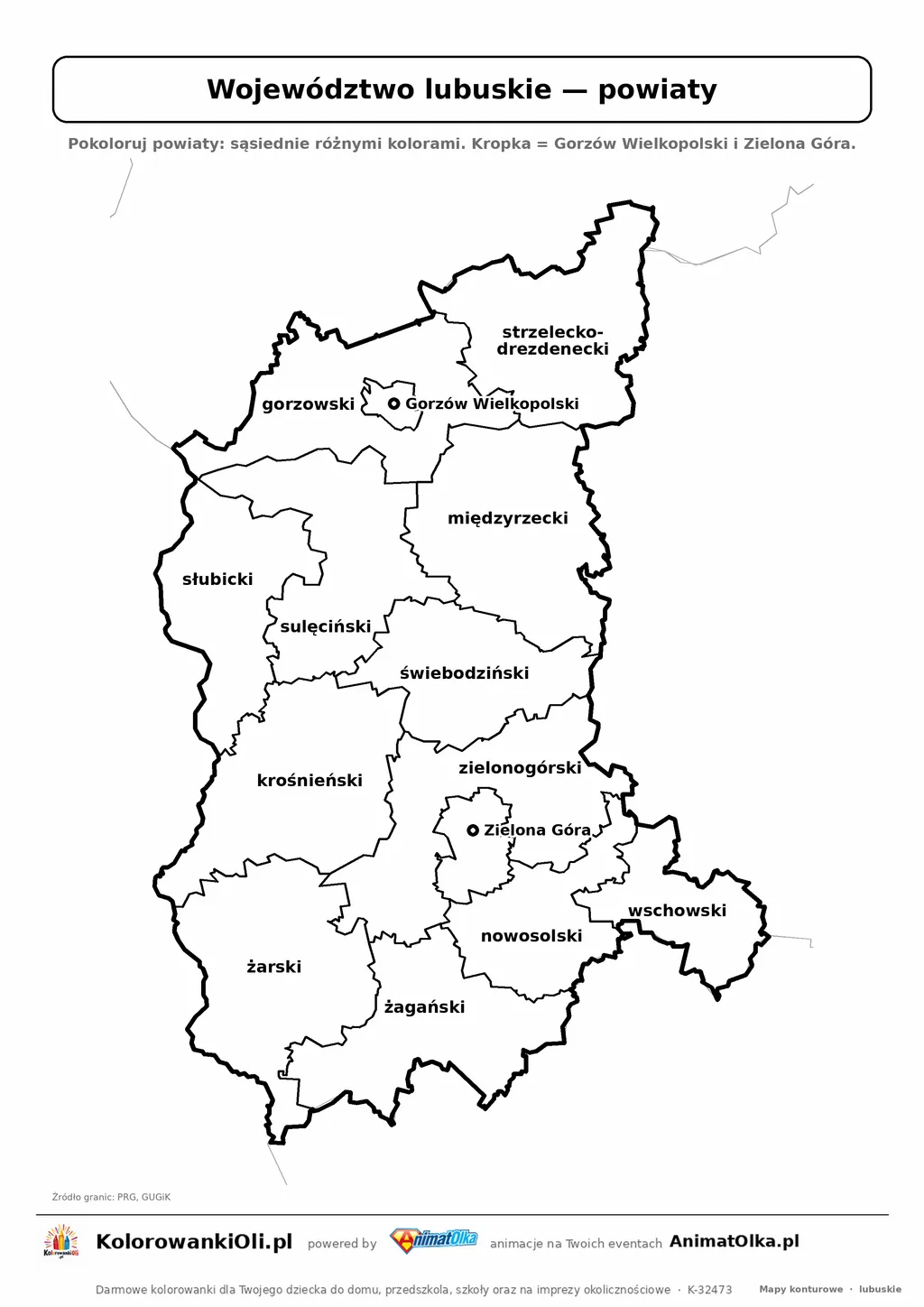 Mapa konturowa województwa lubuskiego z powiatami do pokolorowania — karta pracy A4, klasy 4–6