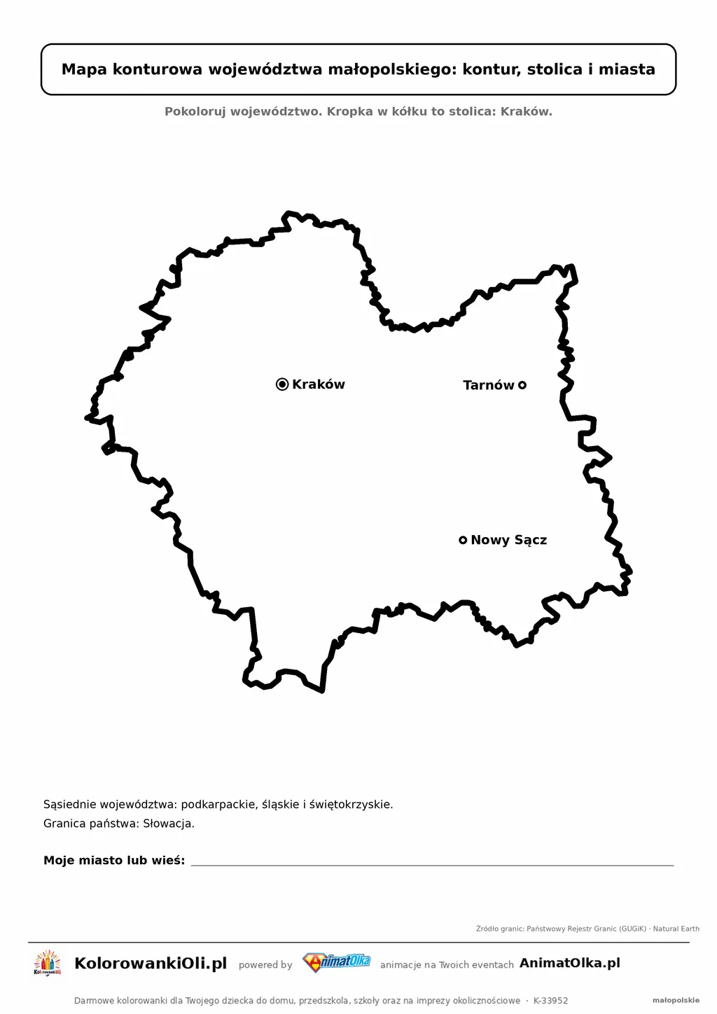 Prosta mapa konturowa województwa małopolskiego ze stolicą i miastami — dla zerówki i klasy 1