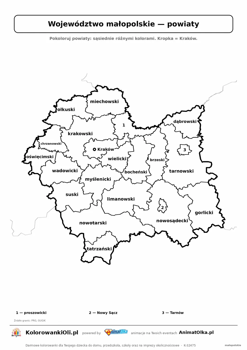Mapa konturowa województwa małopolskiego z powiatami do pokolorowania — karta pracy A4, klasy 4–6