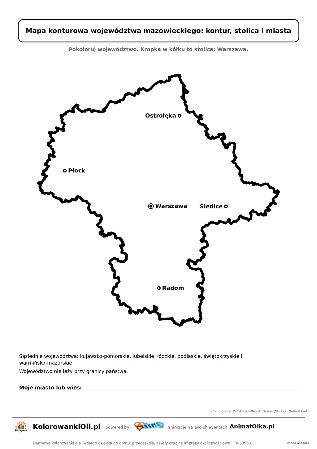 Prosta mapa konturowa województwa mazowieckiego ze stolicą i miastami — dla zerówki i klasy 1