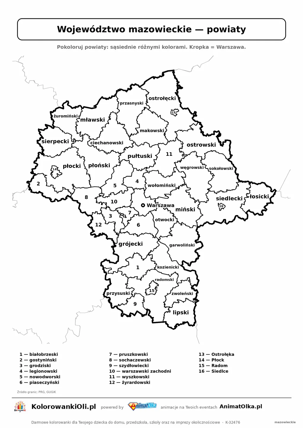 Mapa konturowa województwa mazowieckiego z powiatami do pokolorowania — karta pracy A4, klasy 4–6