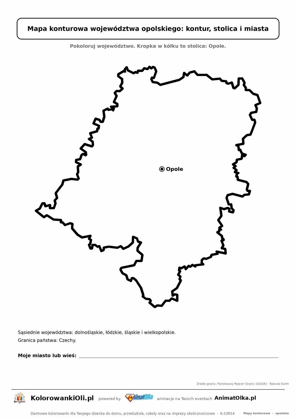 Prosta mapa konturowa województwa opolskiego ze stolicą i miastami — dla zerówki i klasy 1