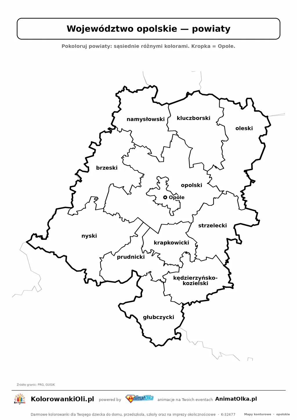 Mapa konturowa województwa opolskiego z powiatami do pokolorowania — karta pracy A4, klasy 4–6
