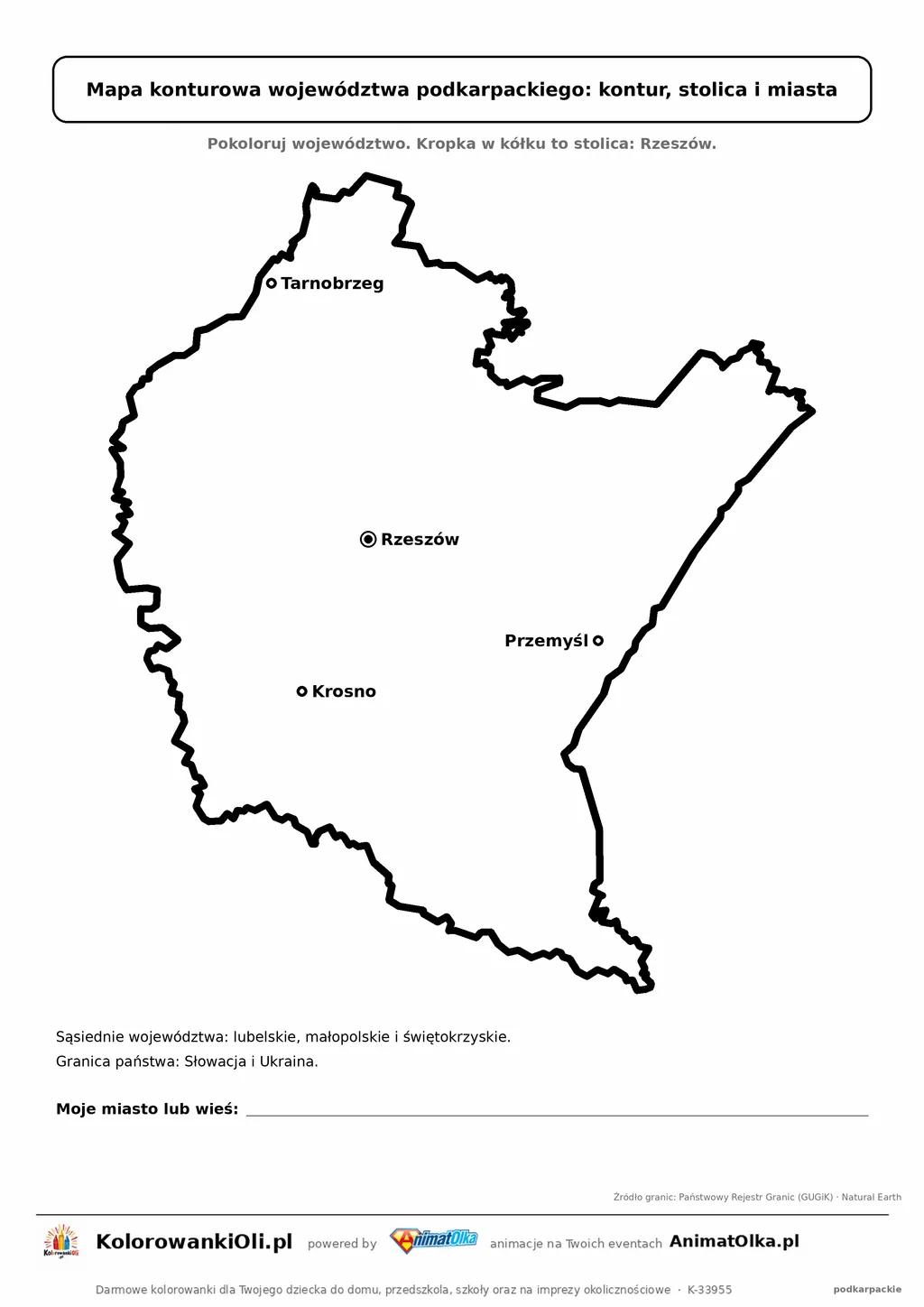 Prosta mapa konturowa województwa podkarpackiego ze stolicą i miastami — dla zerówki i klasy 1