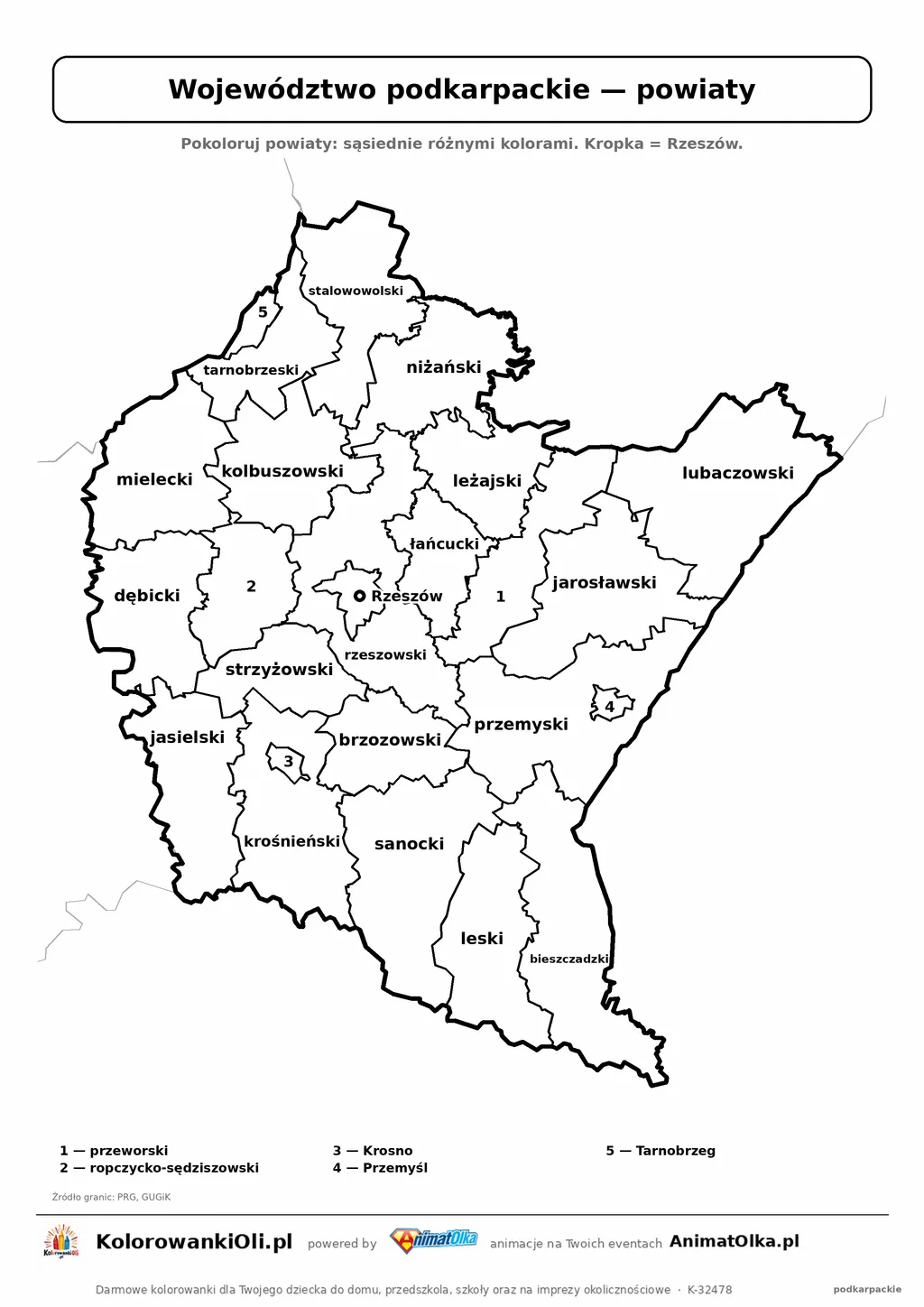 Mapa konturowa województwa podkarpackiego z powiatami do pokolorowania — karta pracy A4, klasy 4–6
