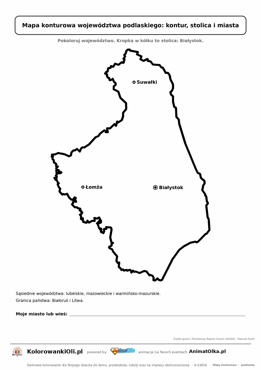 Prosta mapa konturowa województwa podlaskiego ze stolicą i miastami — dla zerówki i klasy 1