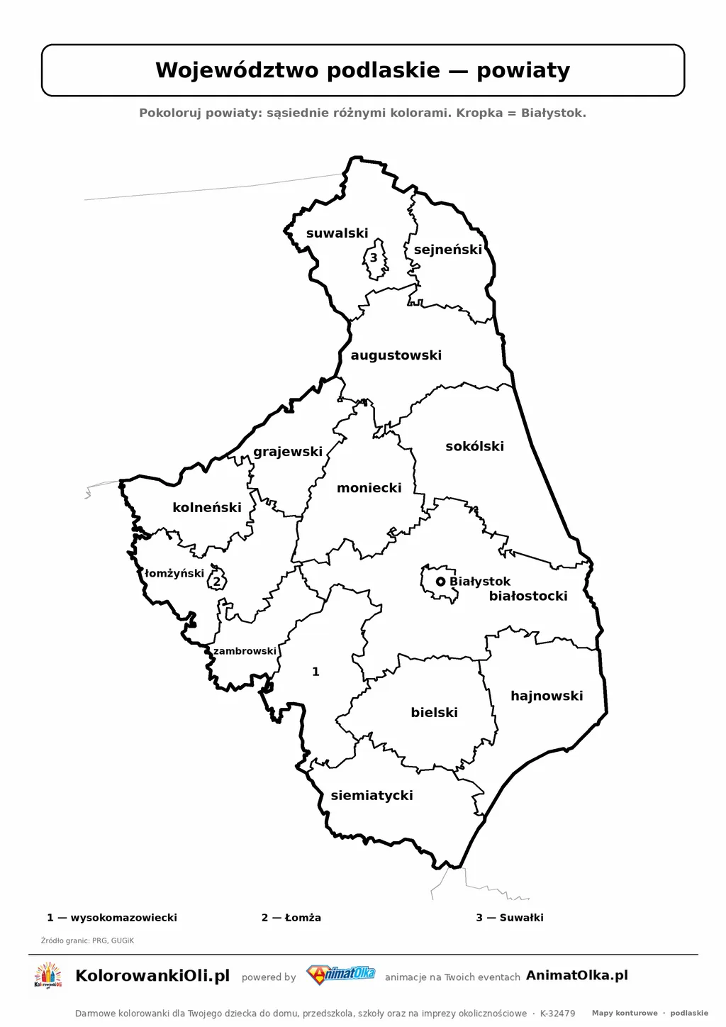 Mapa konturowa województwa podlaskiego z powiatami do pokolorowania — karta pracy A4, klasy 4–6