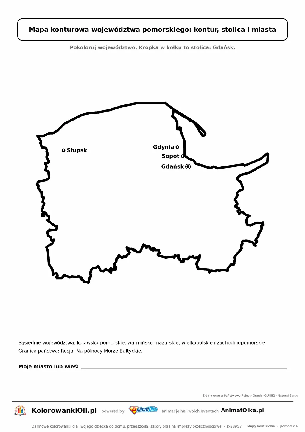 Prosta mapa konturowa województwa pomorskiego ze stolicą i miastami — dla zerówki i klasy 1