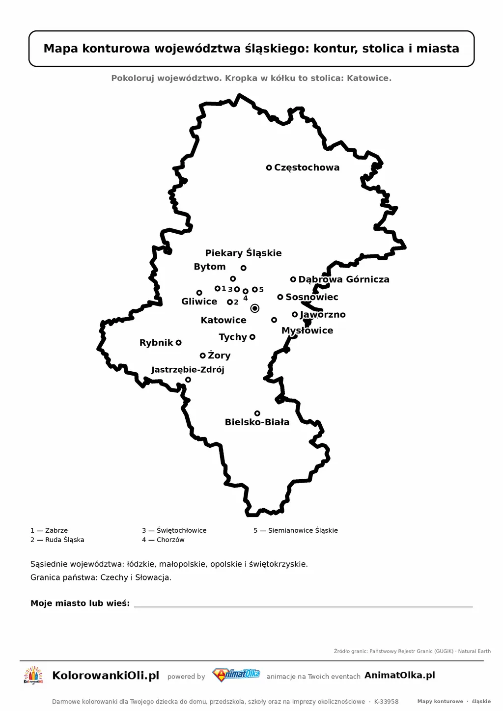 Prosta mapa konturowa województwa śląskiego ze stolicą i miastami — dla zerówki i klasy 1