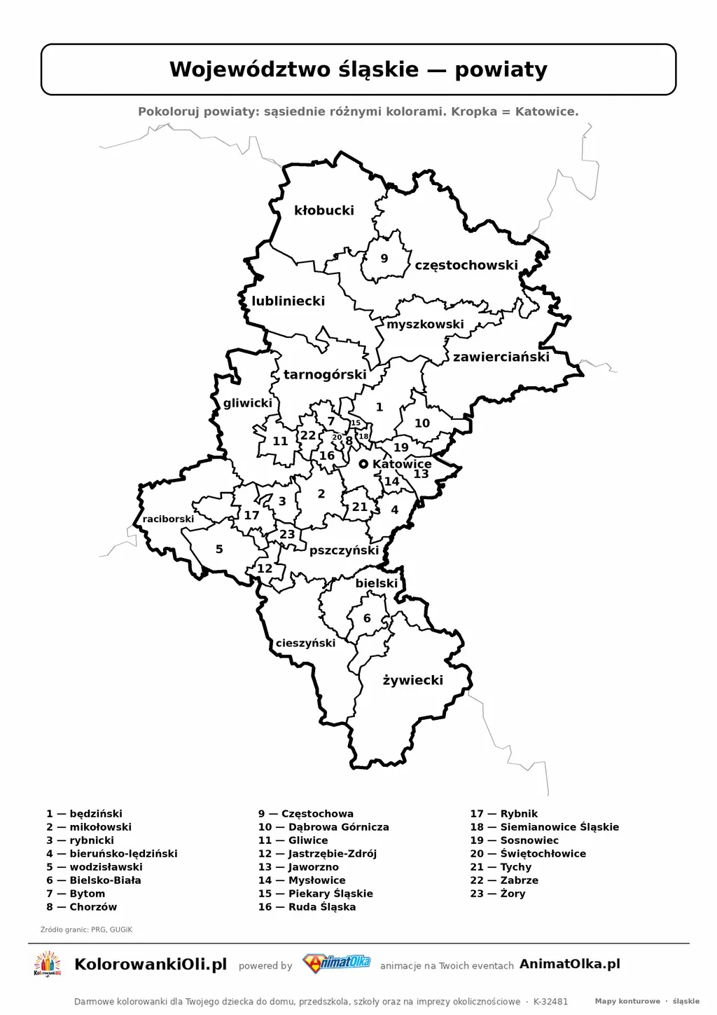 Mapa konturowa województwa śląskiego z powiatami do pokolorowania — karta pracy A4, klasy 4–6