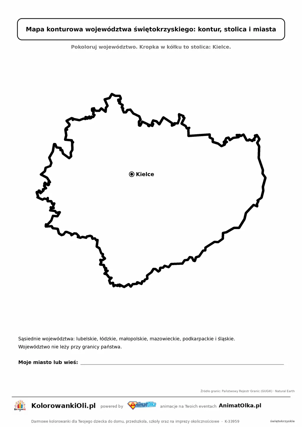 Prosta mapa konturowa województwa świętokrzyskiego ze stolicą i miastami — dla zerówki i klasy 1