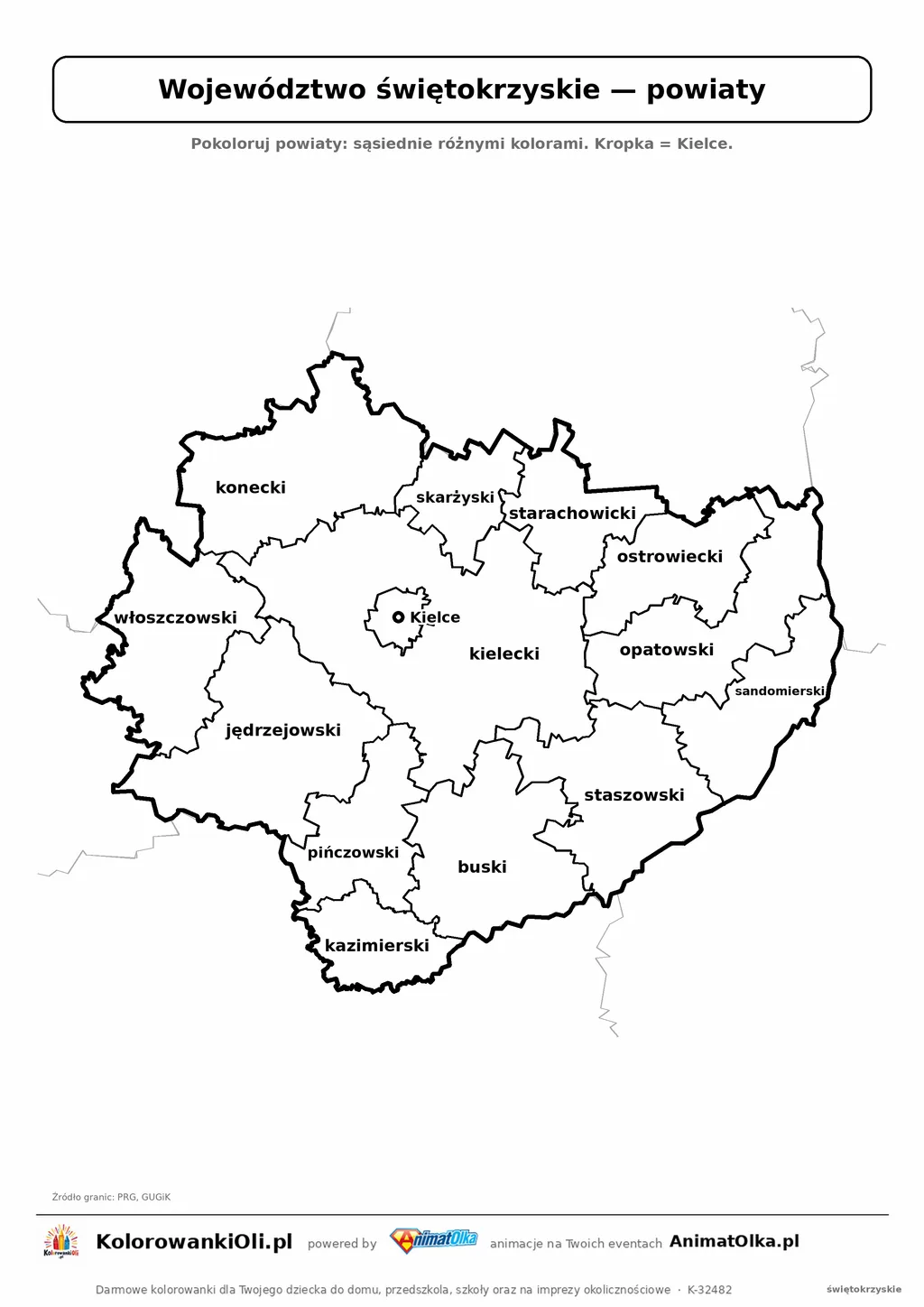 Mapa konturowa województwa świętokrzyskiego z powiatami do pokolorowania — karta pracy A4, klasy 4–6