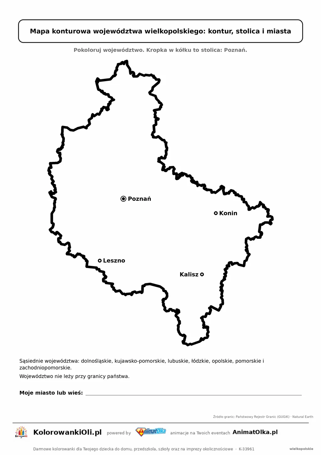 Prosta mapa konturowa województwa wielkopolskiego ze stolicą i miastami — dla zerówki i klasy 1