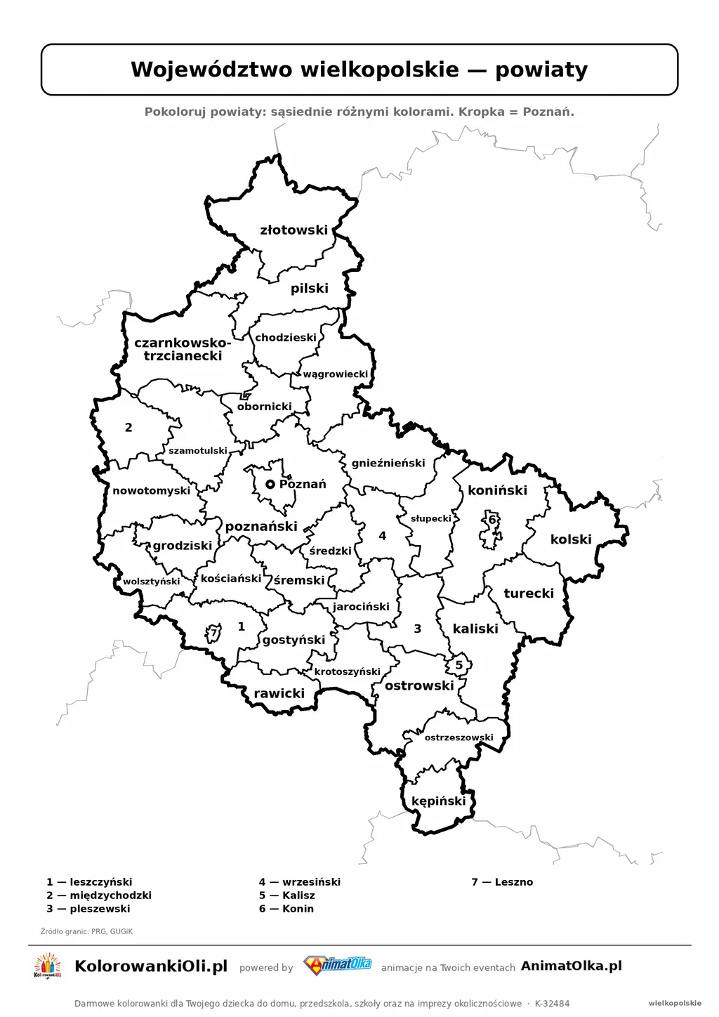 Mapa konturowa województwa wielkopolskiego z powiatami do pokolorowania — karta pracy A4, klasy 4–6