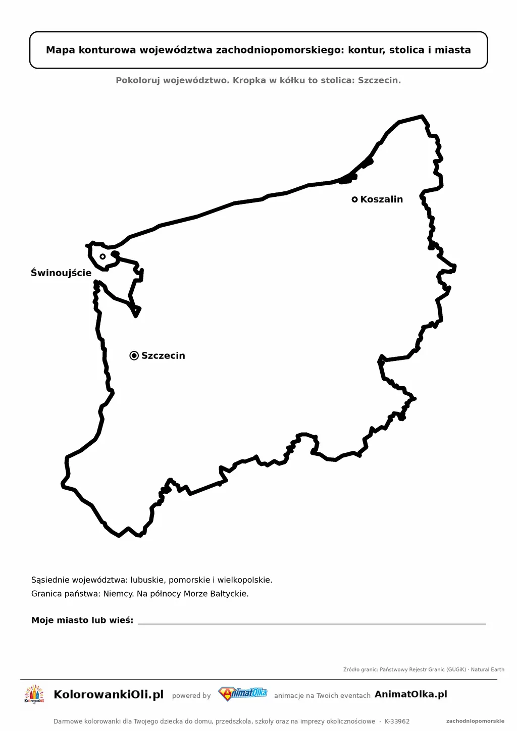 Prosta mapa konturowa województwa zachodniopomorskiego ze stolicą i miastami — dla zerówki i klasy 1